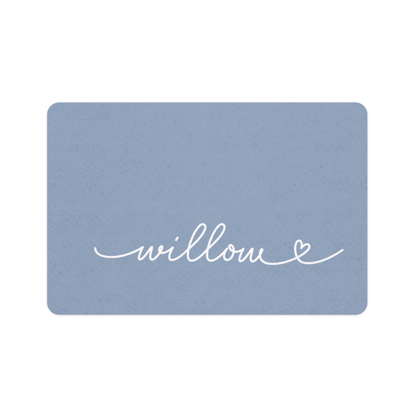 Personalized lavender rectangle dog food mat with pet name in handwritten script