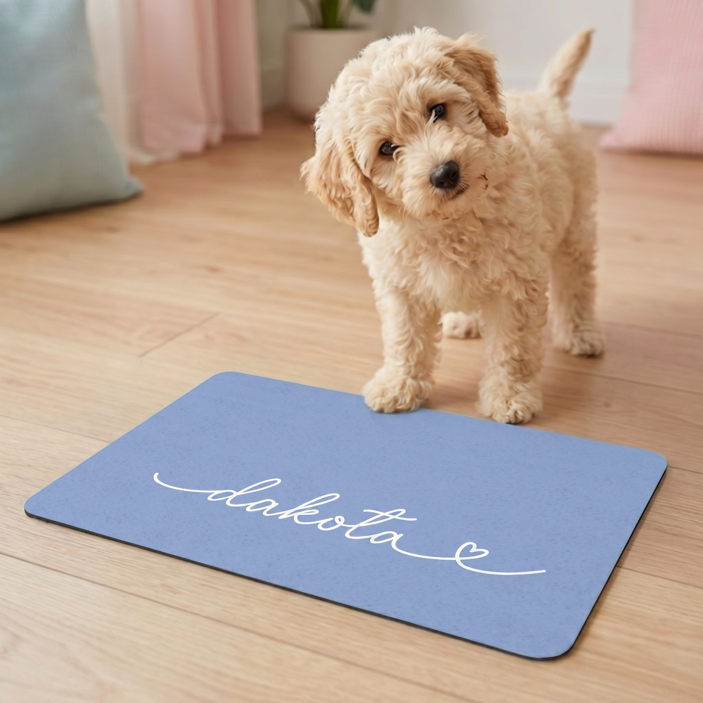 Close-up of handwritten name personalization on lilac dog food mat