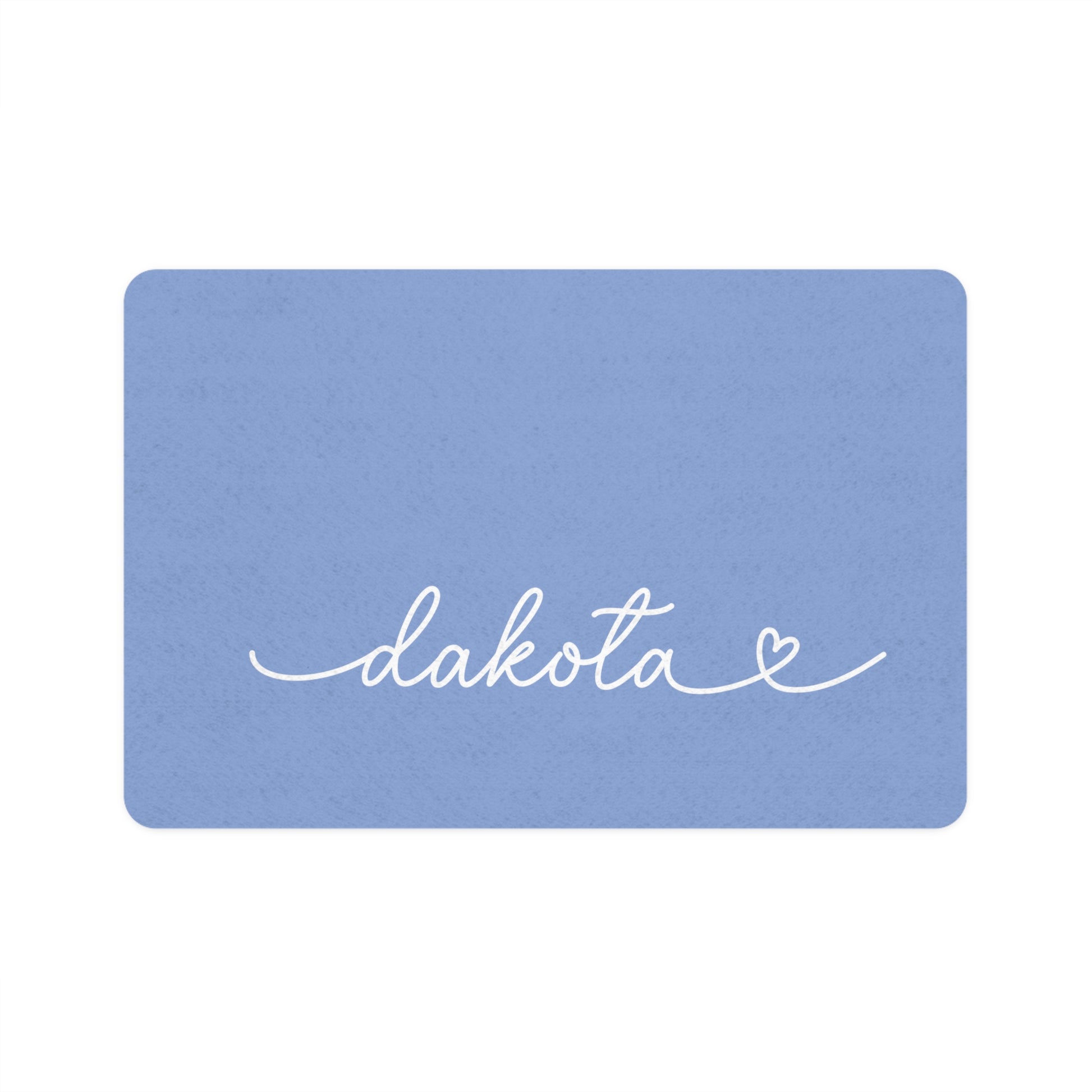 Personalized lilac dog food mat with pet name in handwritten script