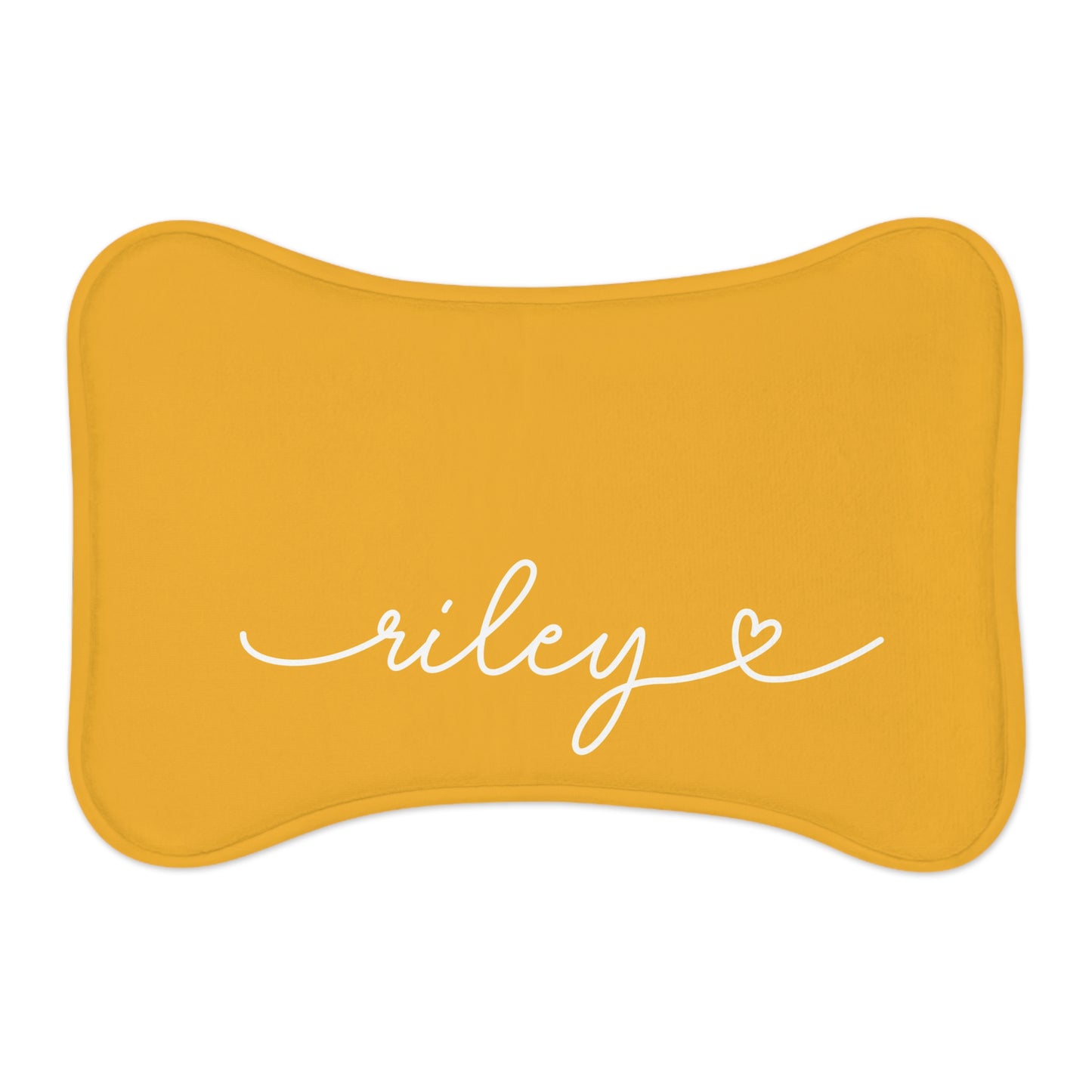 Personalized marigold dog food mat, bone shape, front view with handwritten name