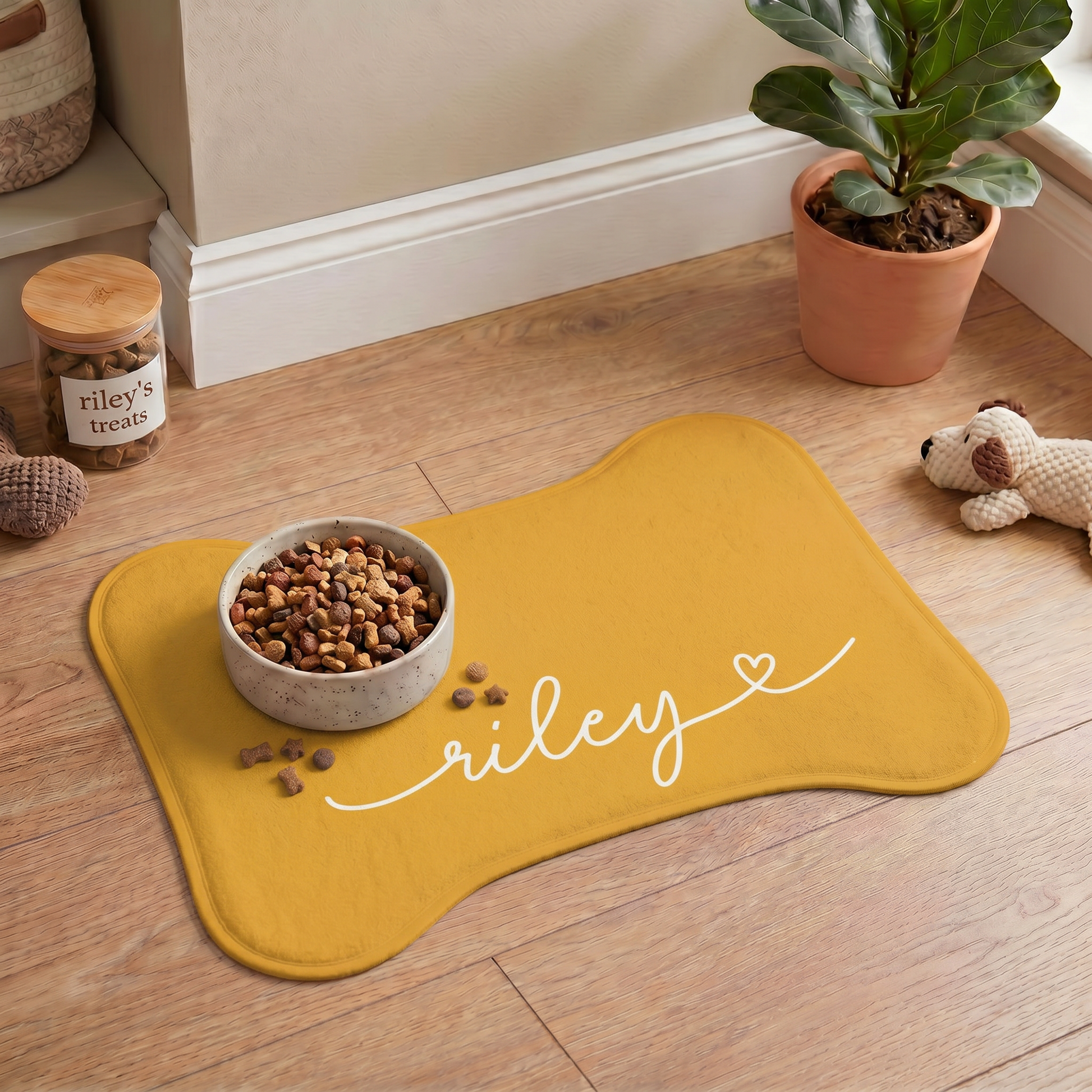 Personalized marigold dog food mat styled on the floor with a feeding bowl - lifestyle