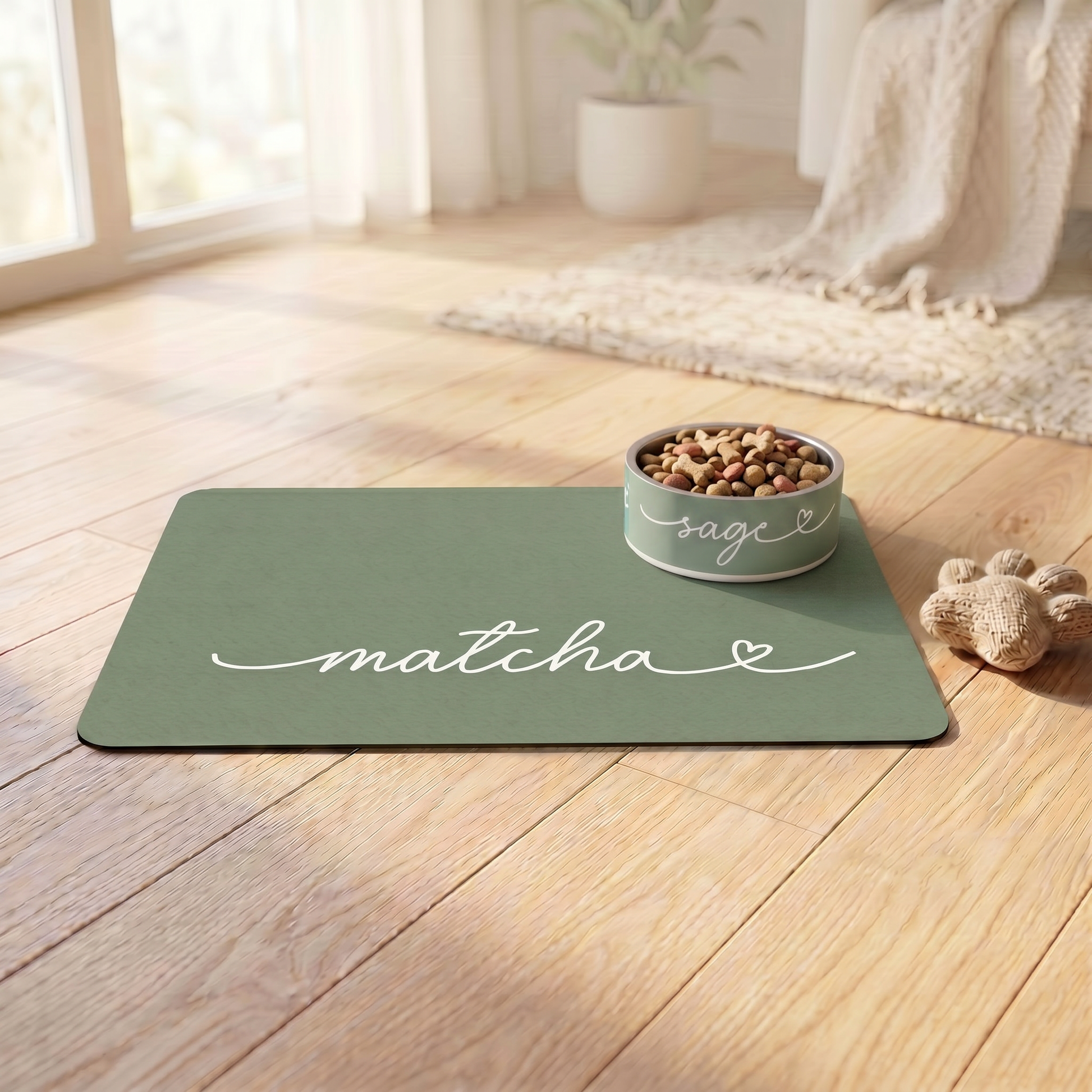 Close-up of handwritten name personalization on matcha green dog food mat