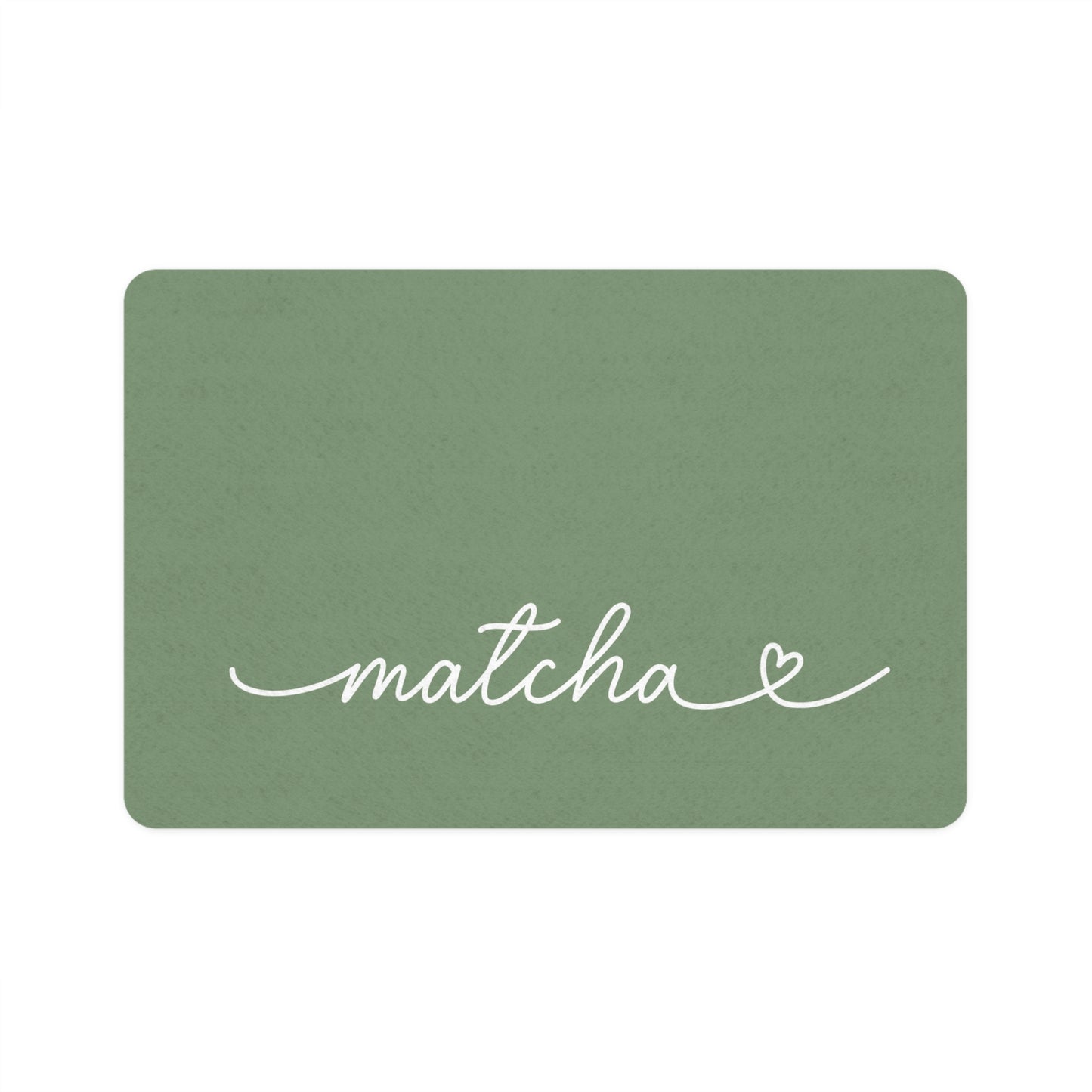 Personalized matcha green rectangle dog food mat with pet name in handwritten script