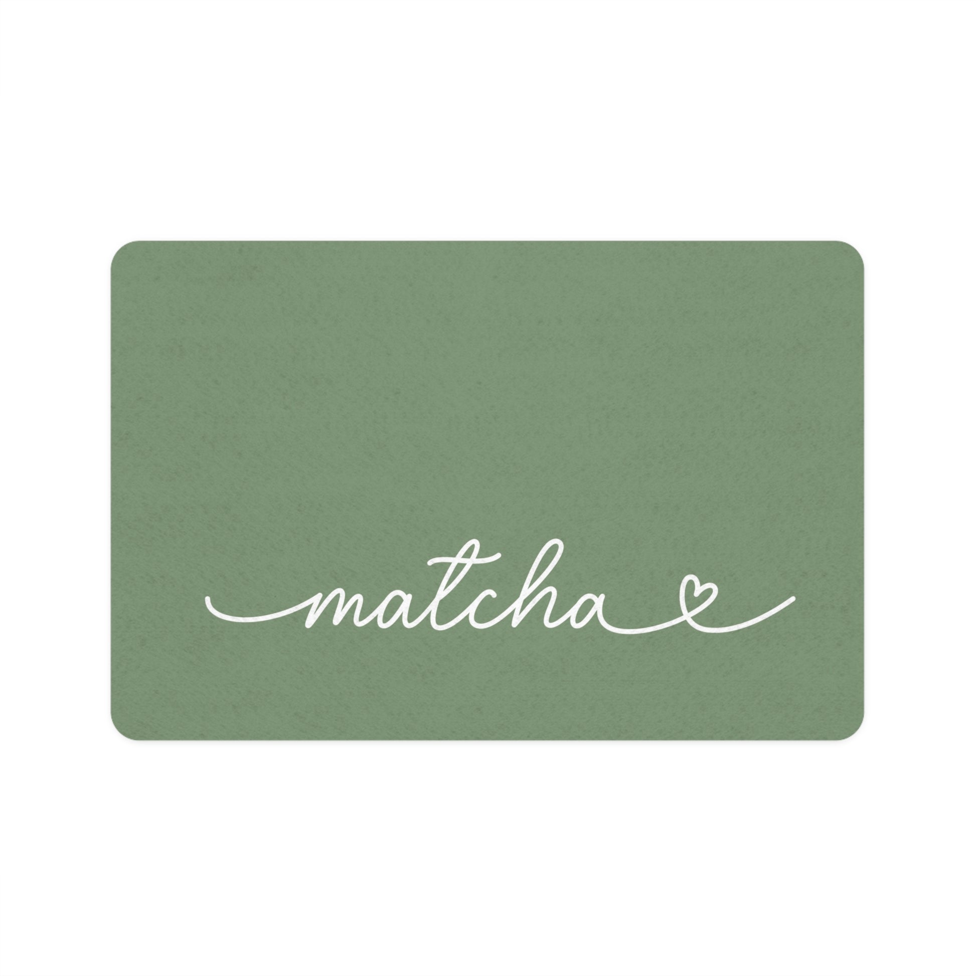 Personalized matcha green rectangle dog food mat with pet name in handwritten script