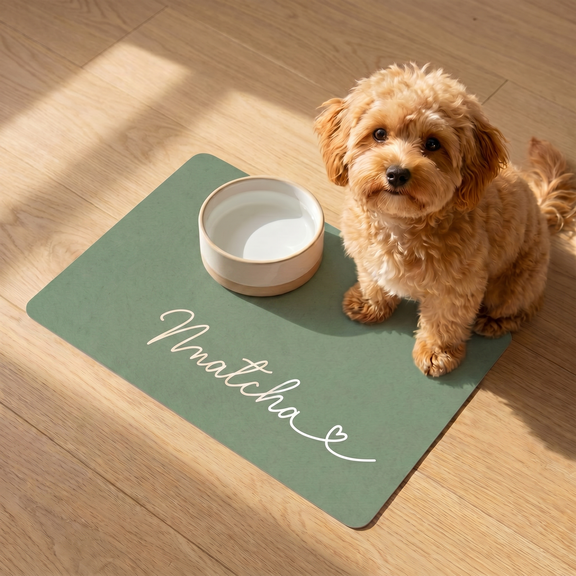 Personalized matcha green dog food mat styled in a kitchen feeding corner