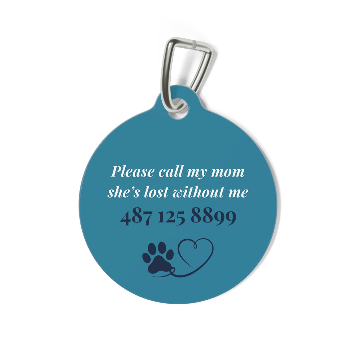 Back of the teal pet tag showing the contact message with paw and heart icons