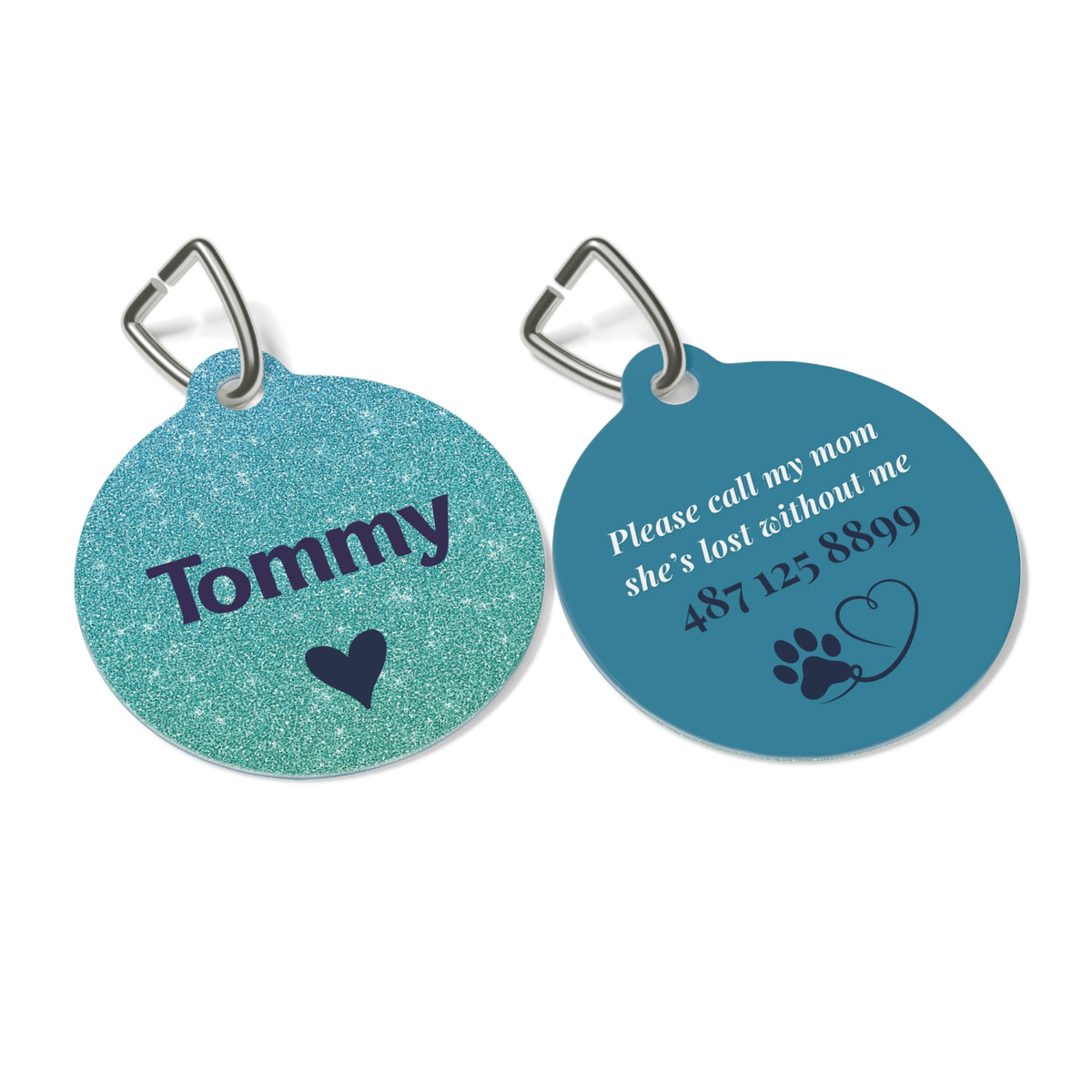 Front and back of the metallic teal personalized pet tag shown side by side