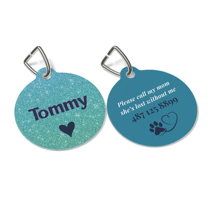 Front and back of the metallic teal personalized pet tag shown side by side