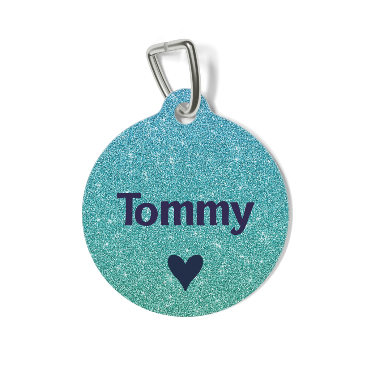 Metallic teal personalized dog tag with the pet name in navy lettering and a small heart