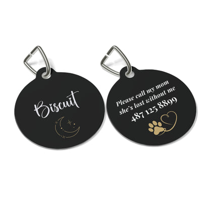 Front and back view of the personalized moon and star pet tag side by side