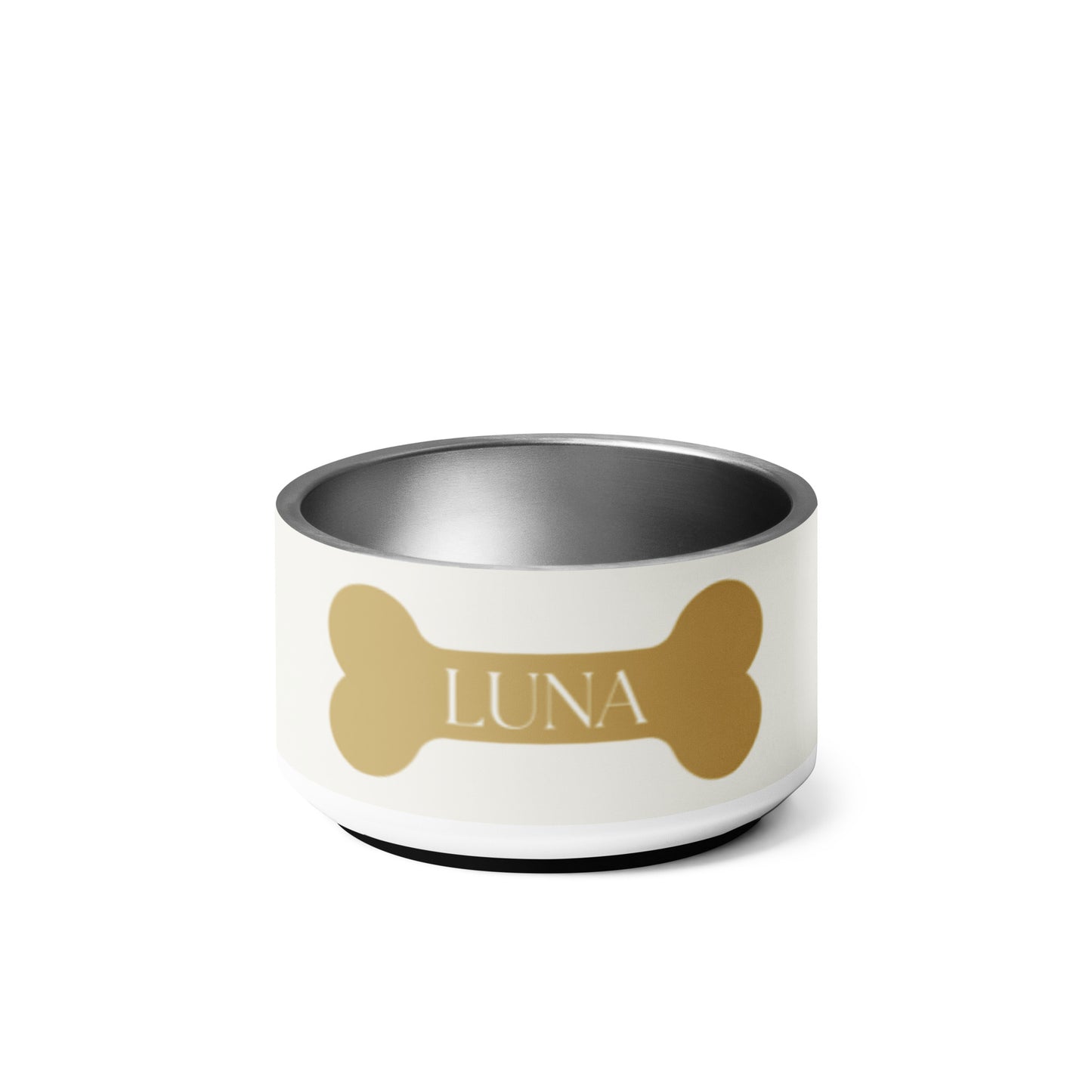 Personalized off-white stainless steel dog bowl, 18 oz, front view with gold bone-shaped nameplate