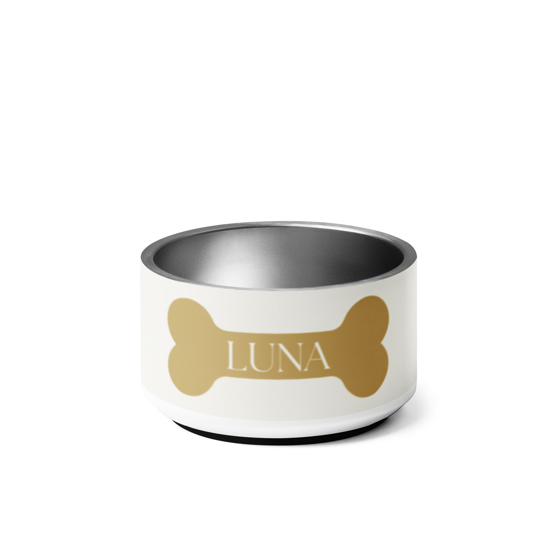 Personalized off-white stainless steel dog bowl, 18 oz, front view with gold bone-shaped nameplate