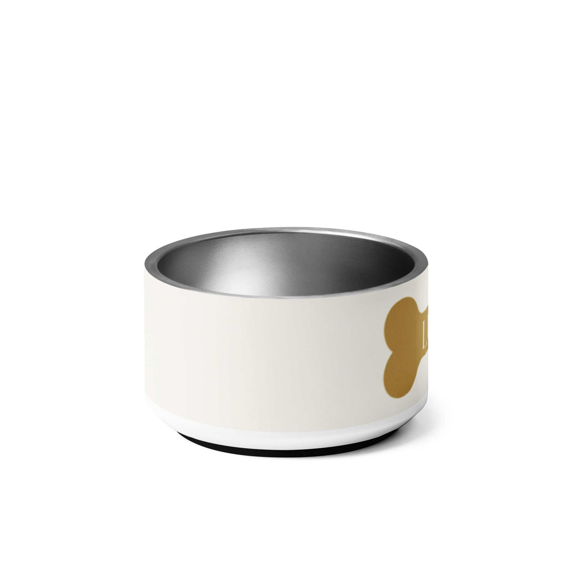 Personalized off-white stainless steel dog bowl, 18 oz, right side view