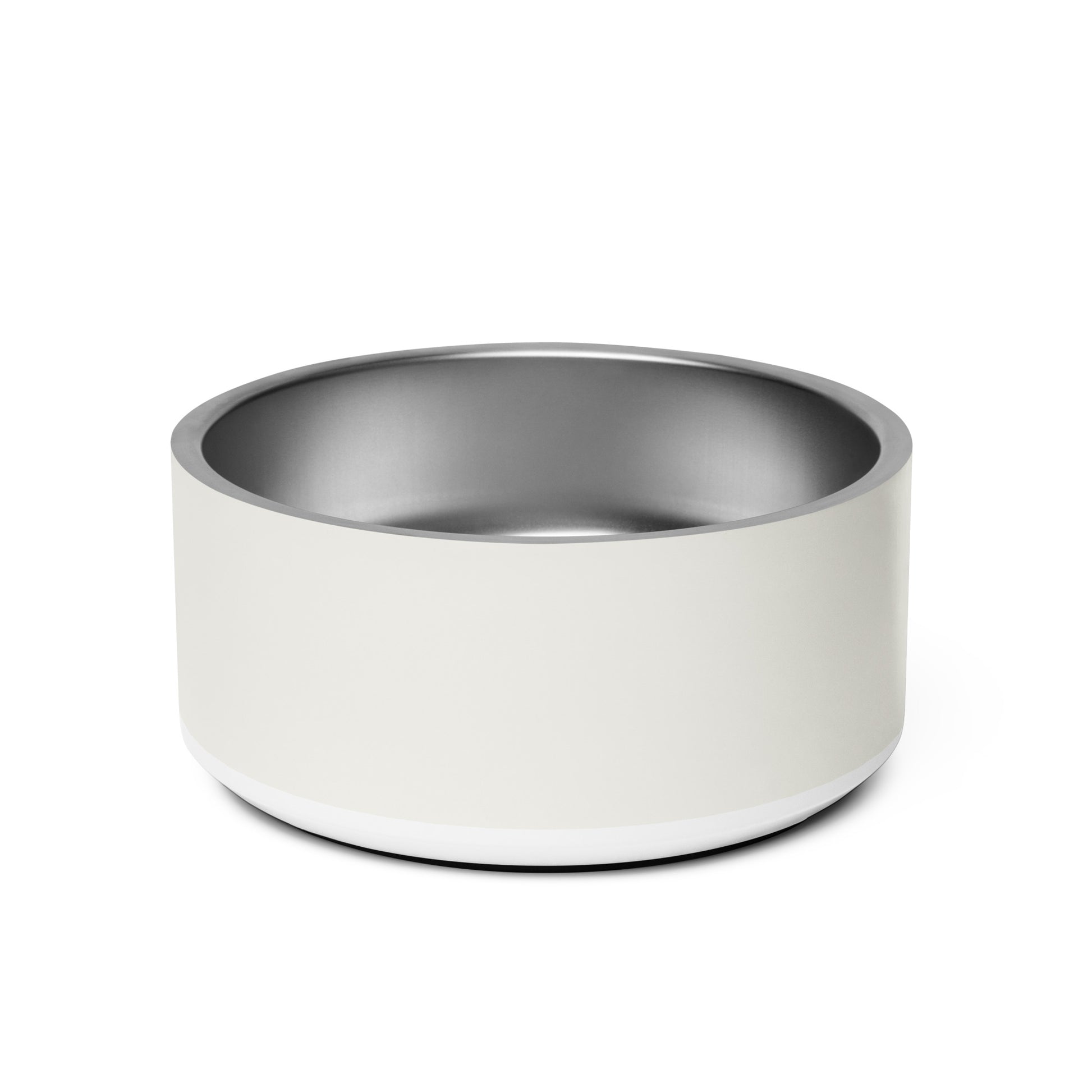 Personalized off-white stainless steel dog bowl, 32 oz, back view showing anti-slip rubber base