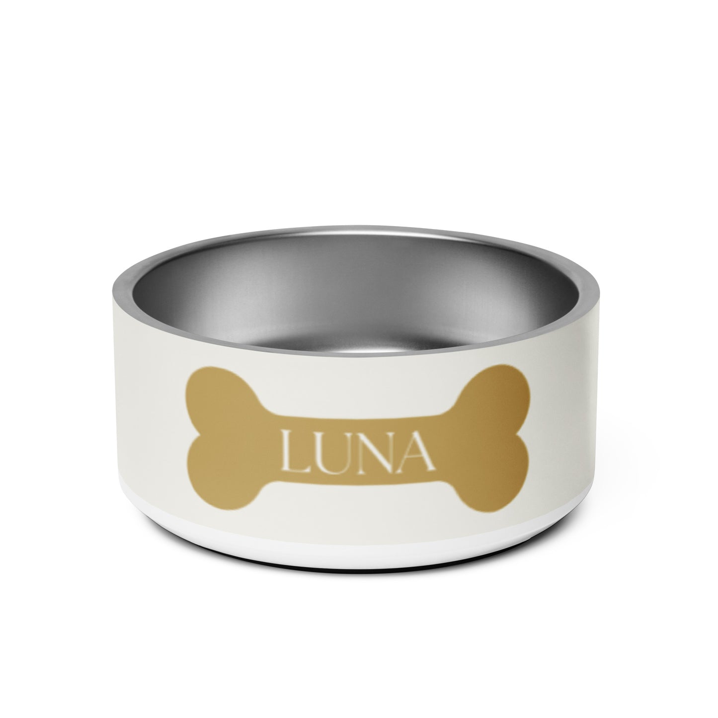 Personalized off-white stainless steel dog bowl, 32 oz, front view with gold bone-shaped nameplate