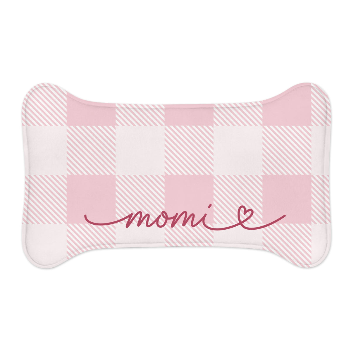 Pink checkered bone-shaped personalized pet feeding mat with the name Momi in red script