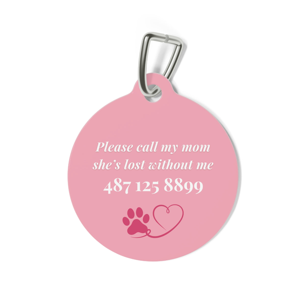 Back of the pink striped pet tag showing the contact message with paw and heart icons