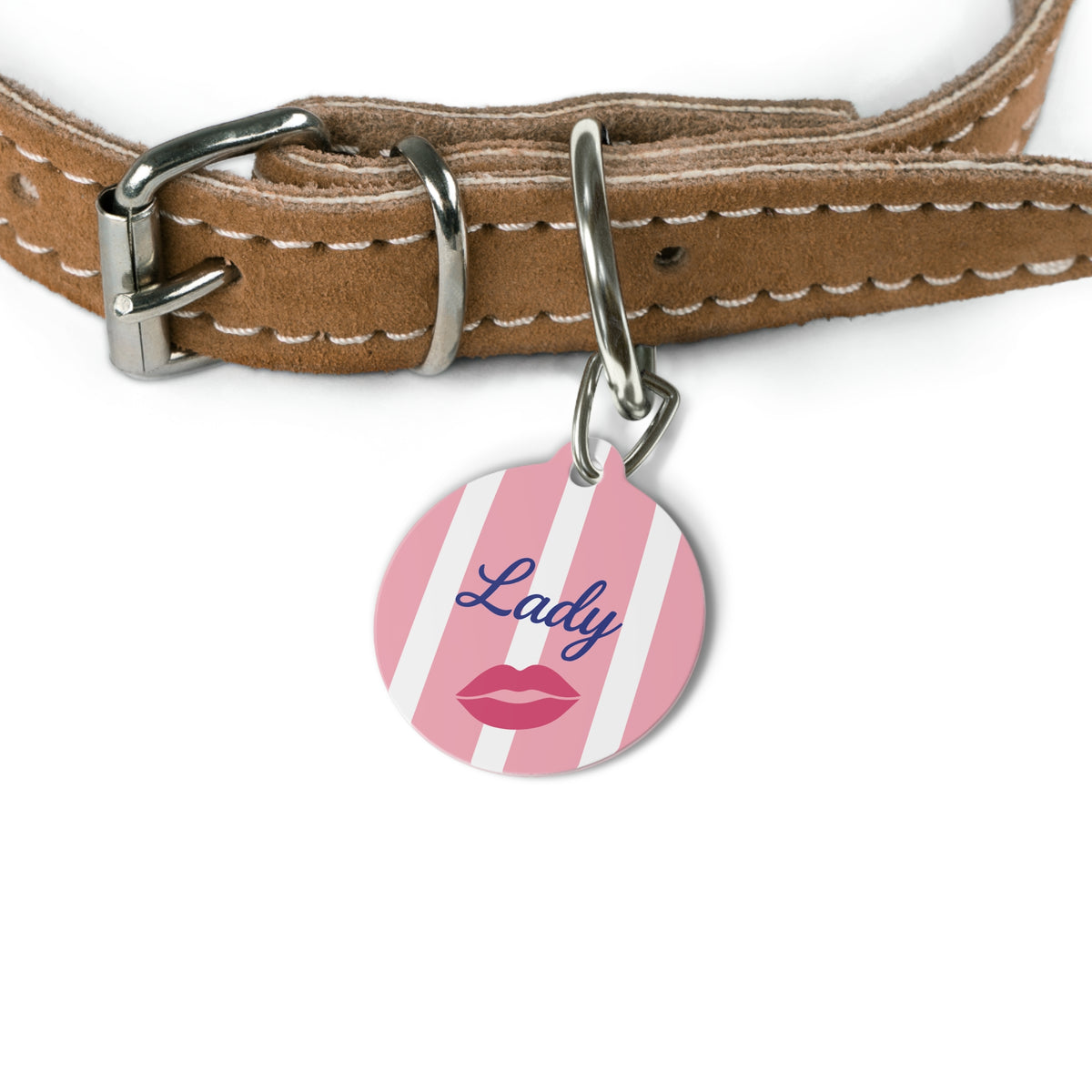 Pink striped name tag attached to a tan leather dog collar
