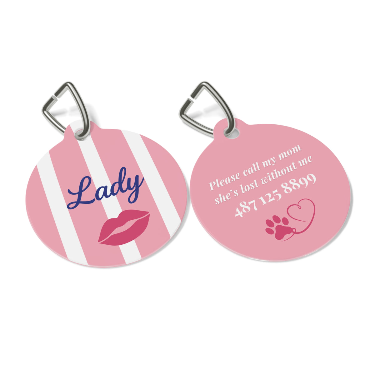 Front and back of the pink striped personalized pet tag shown side by side