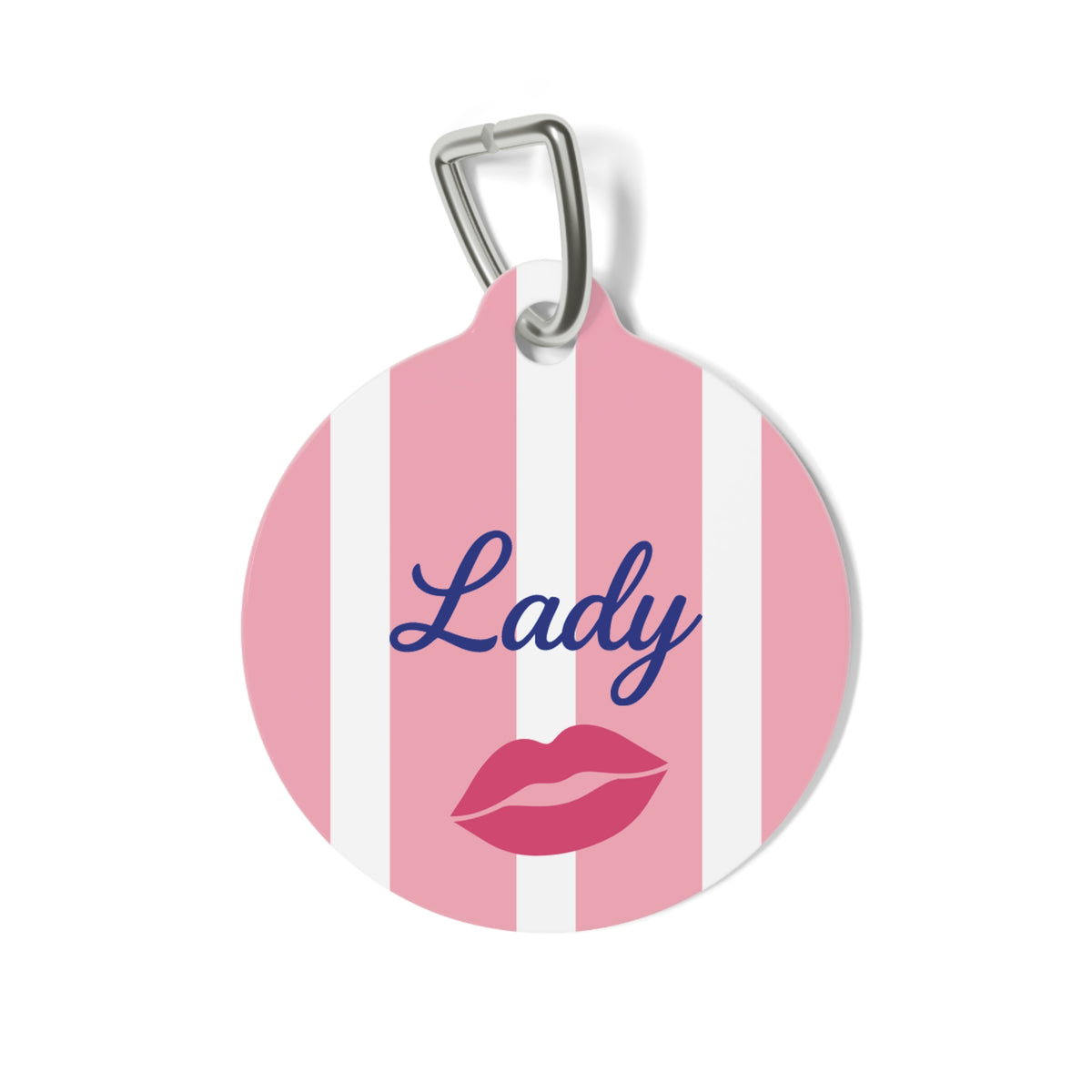 Pink striped personalized dog tag with the pet name in navy script and a red kiss