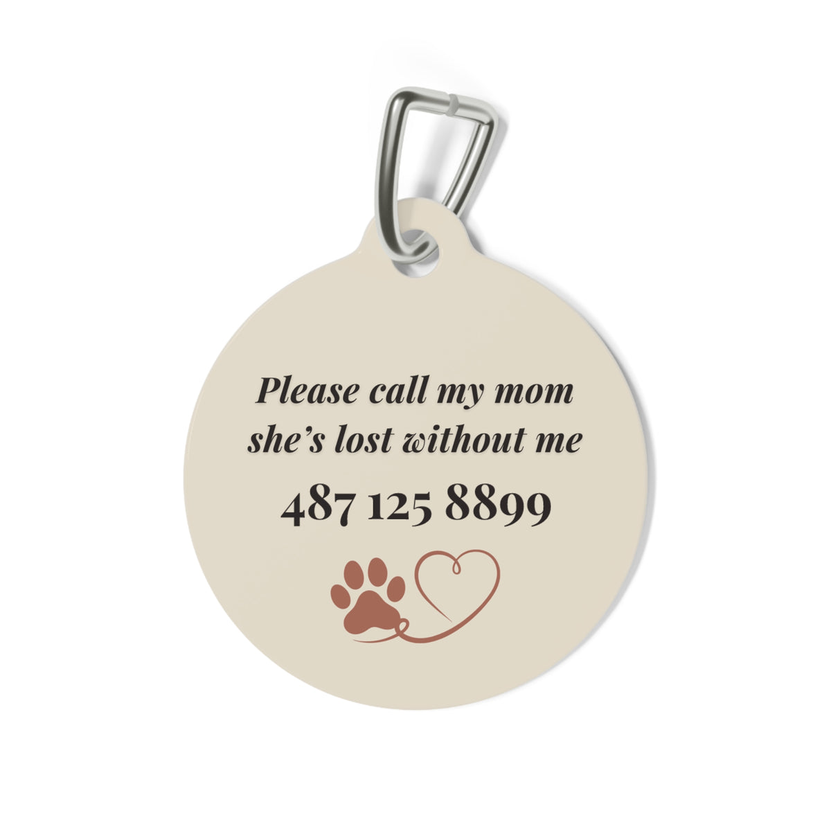 Back of the safari print pet tag showing the contact message with paw and heart icons