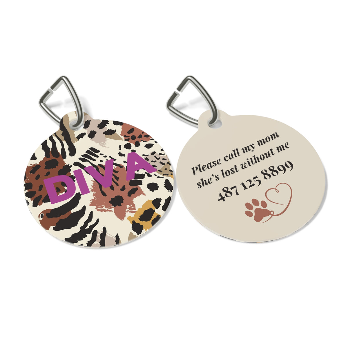 Front and back of the animal print personalized pet tag shown side by side