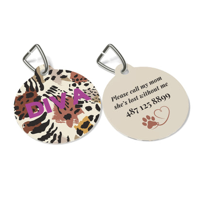Front and back of the animal print personalized pet tag shown side by side