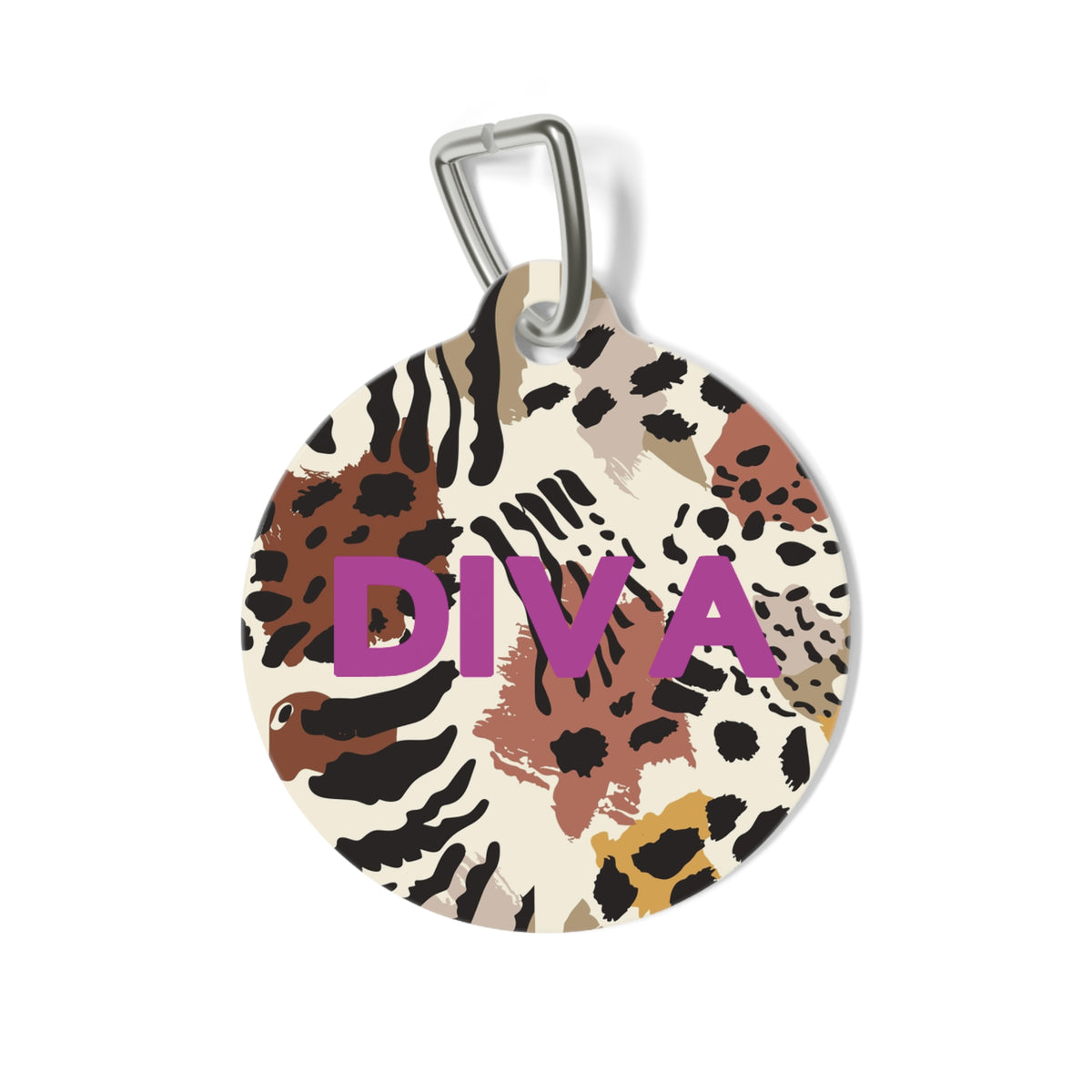 Safari animal print personalized dog tag with the pet name in bold pink lettering