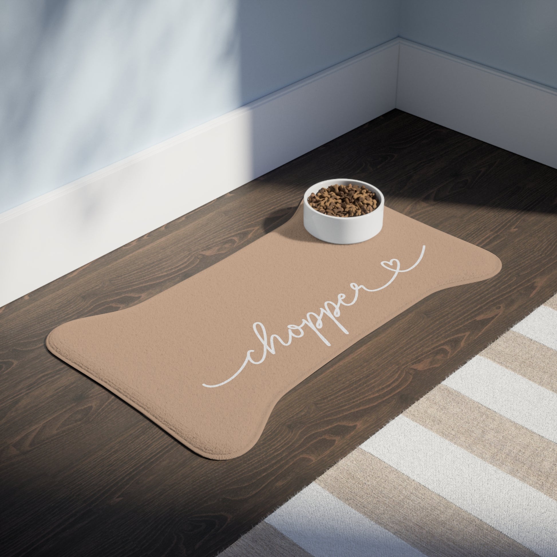 Custom taupe pet feeding mat – styled flat lay with dog bowl