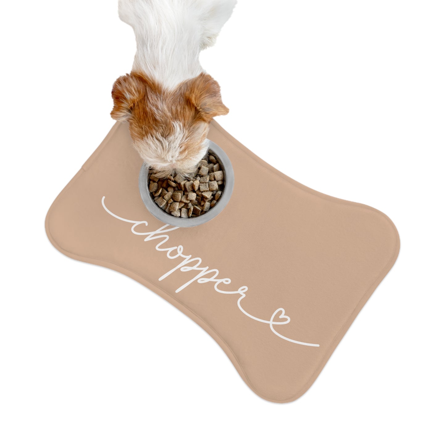 Personalized taupe dog food mat with pet name in handwritten script – bone shape