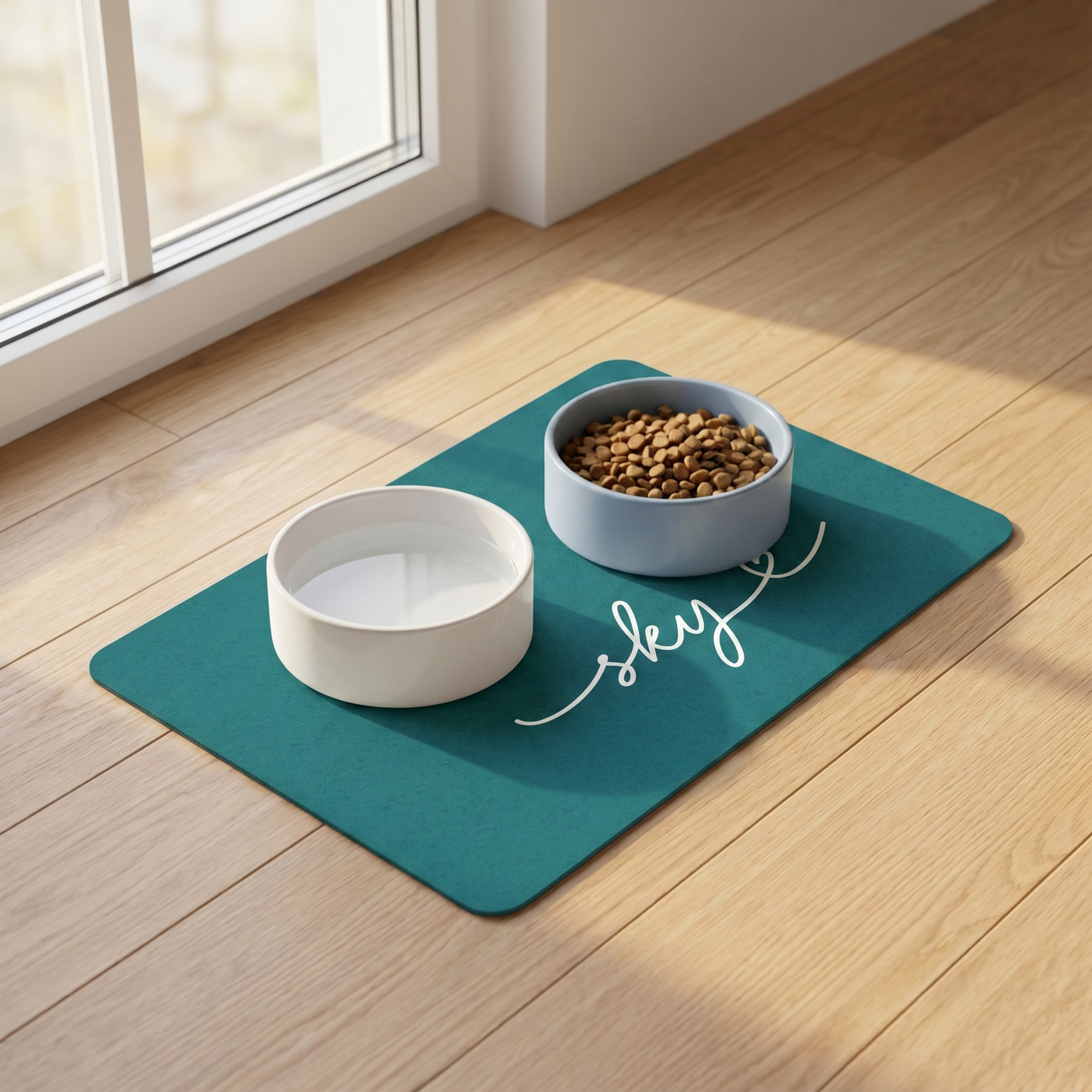 Close-up of handwritten name personalization on teal dog food mat