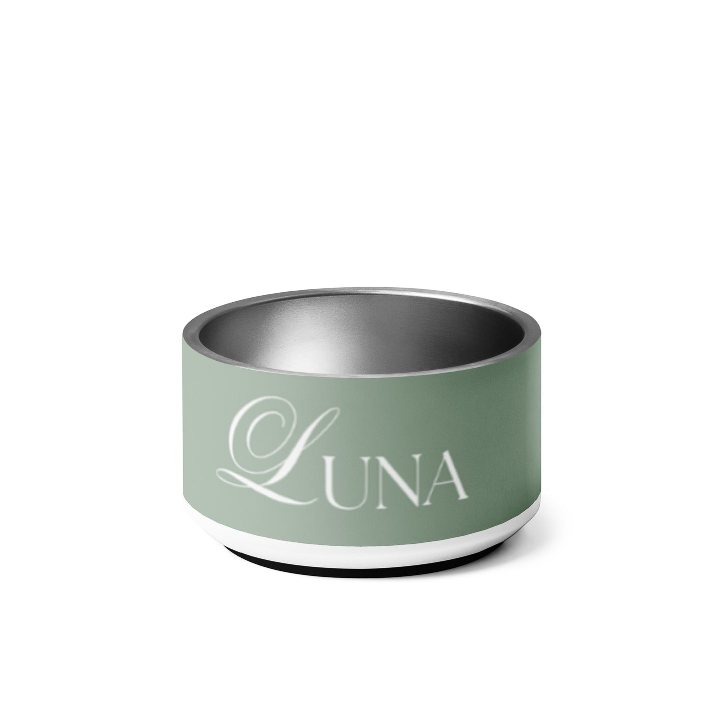 Personalized thyme green dog bowl, 18 oz, front view with dog's name in handwritten script