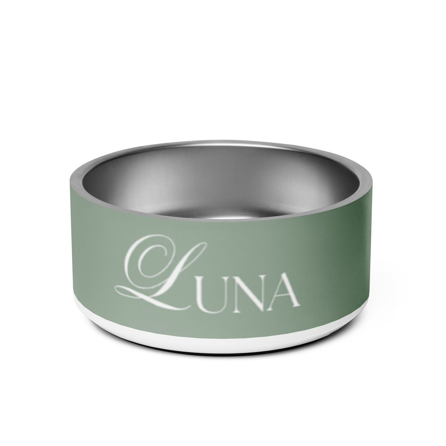 Personalized thyme green dog bowl, 32 oz, front view with dog's name in handwritten script