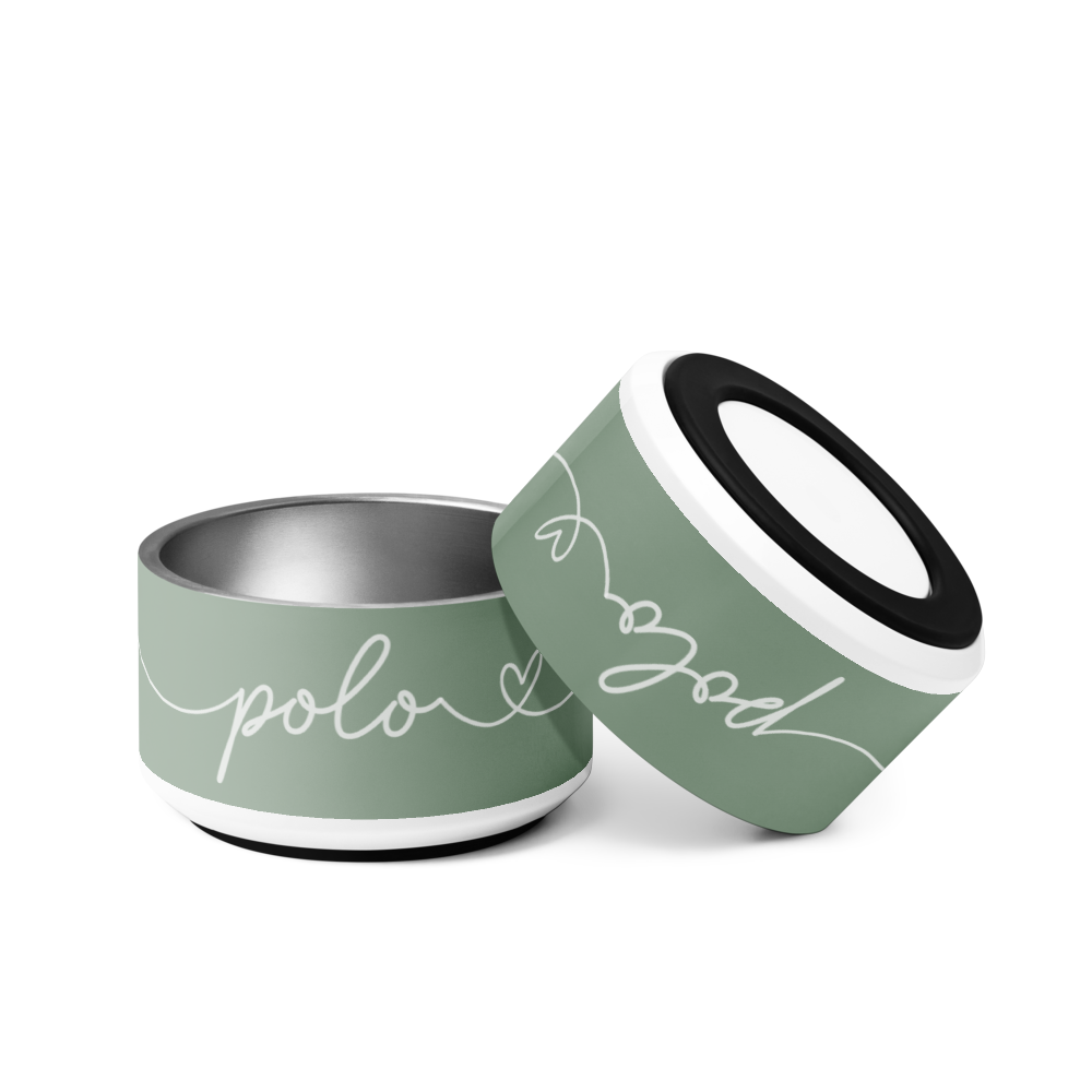 Two personalized thyme green dog bowls tilted together, showing the handwritten name detail - alternate angle