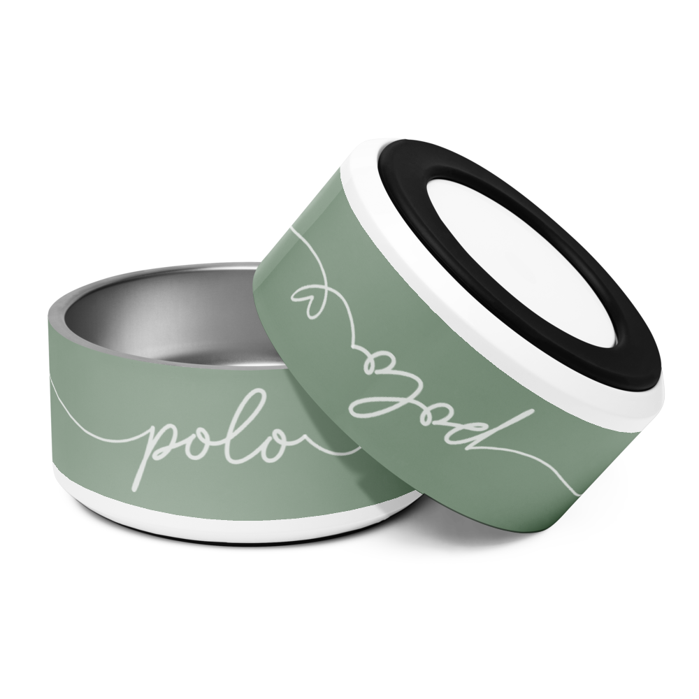 Two personalized thyme green dog bowls tilted together, showing the handwritten name detail - styled shot
