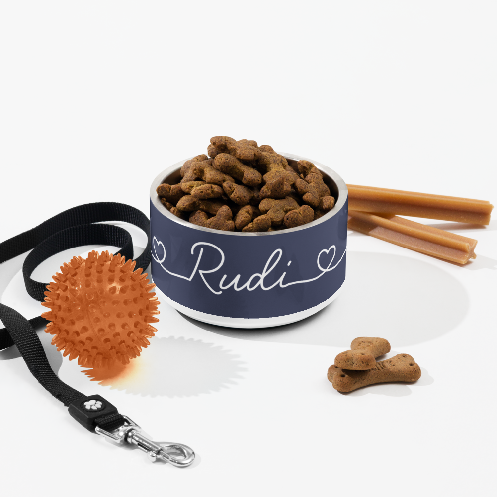 Personalized navy blue dog bowl 18oz with kibble and cinnamon sticks