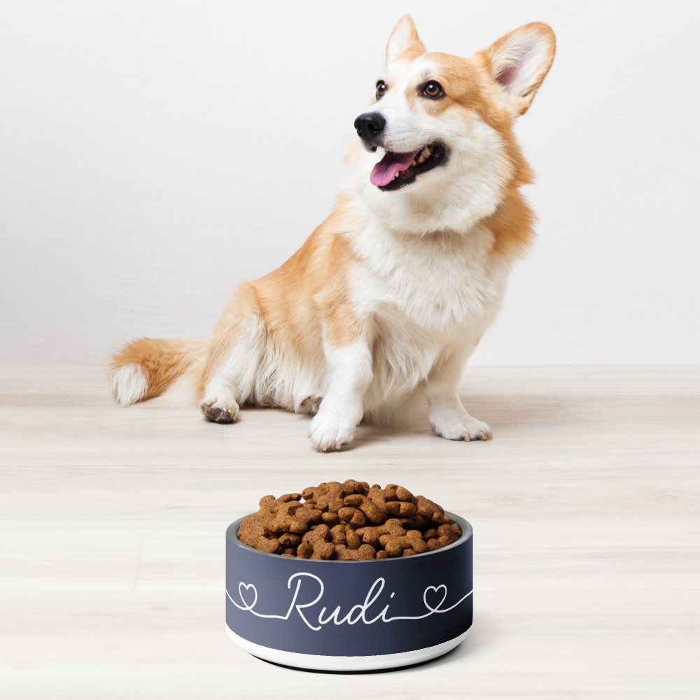 Personalized navy blue dog bowl 32oz - front view on grey background