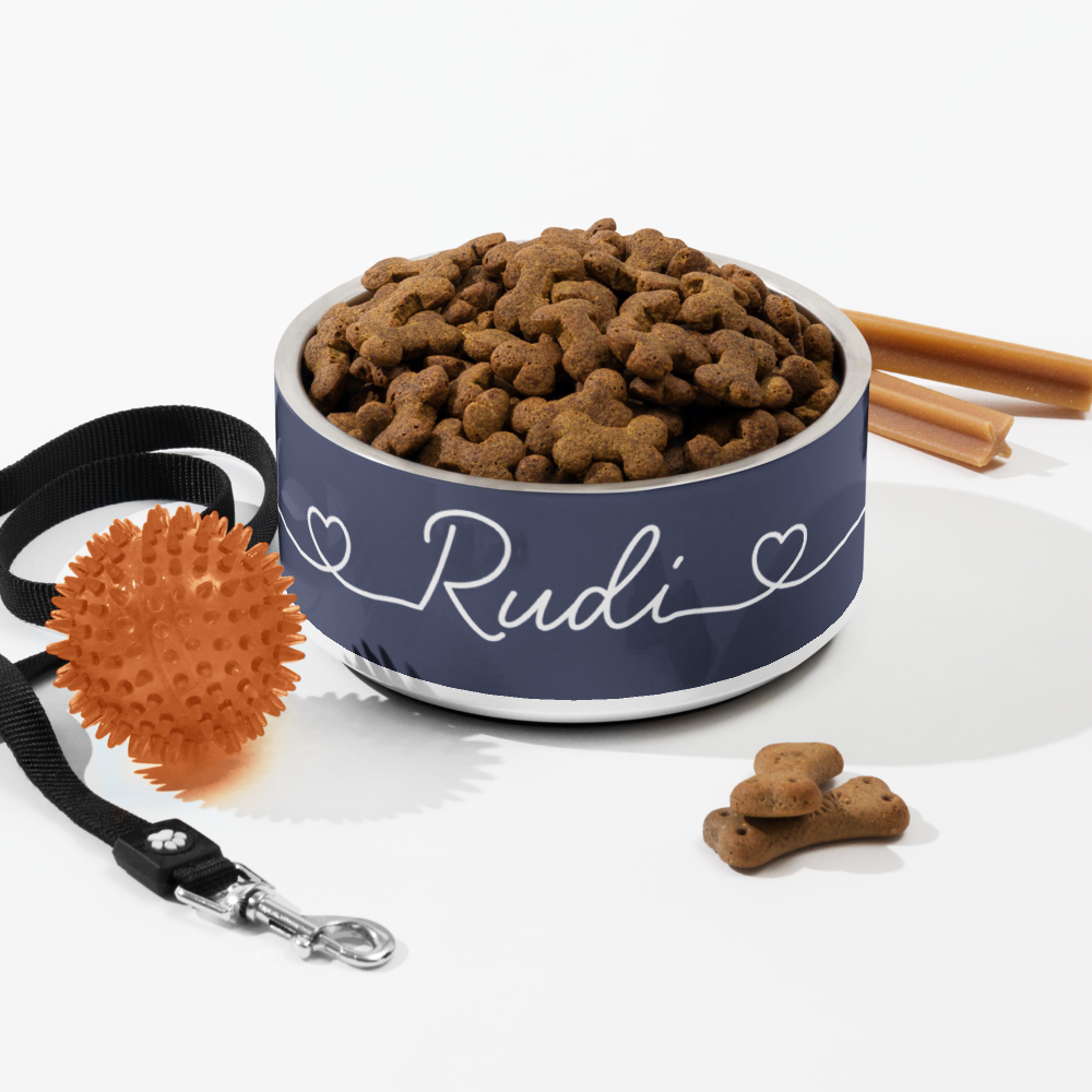 Personalized navy blue dog bowl with kibble and dog toys - lifestyle