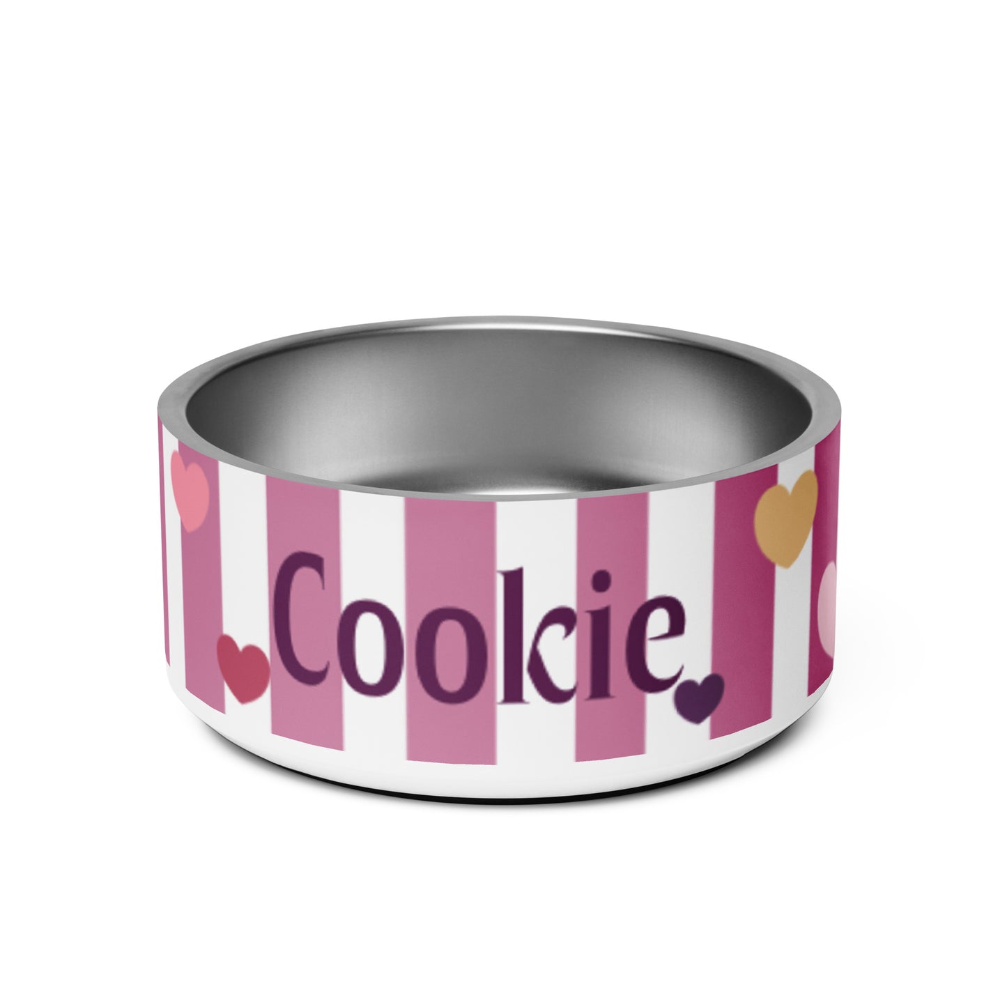 Personalized striped hearts dog bowl – pink and white stripes with hearts and pet name