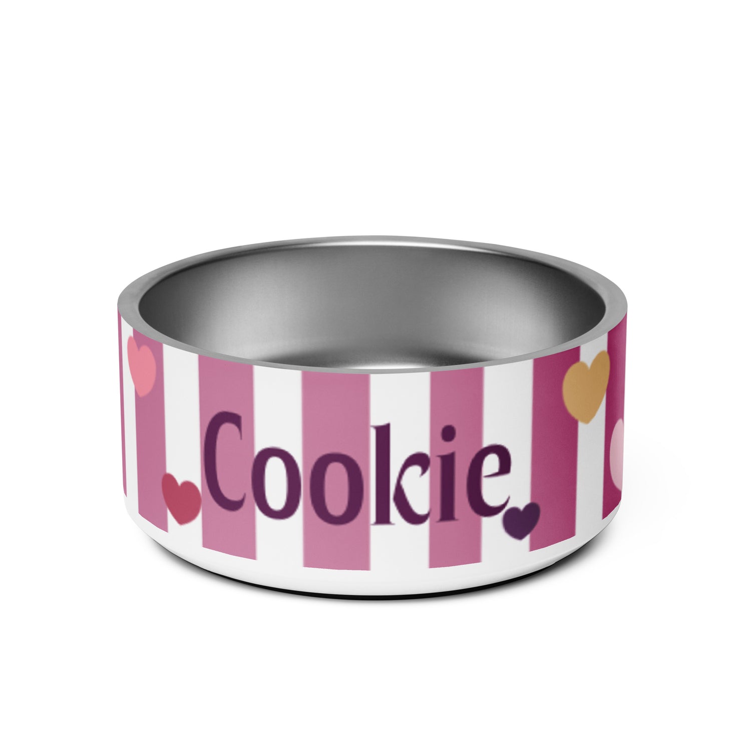 Personalized striped hearts dog bowl – pink and white stripes with hearts and pet name