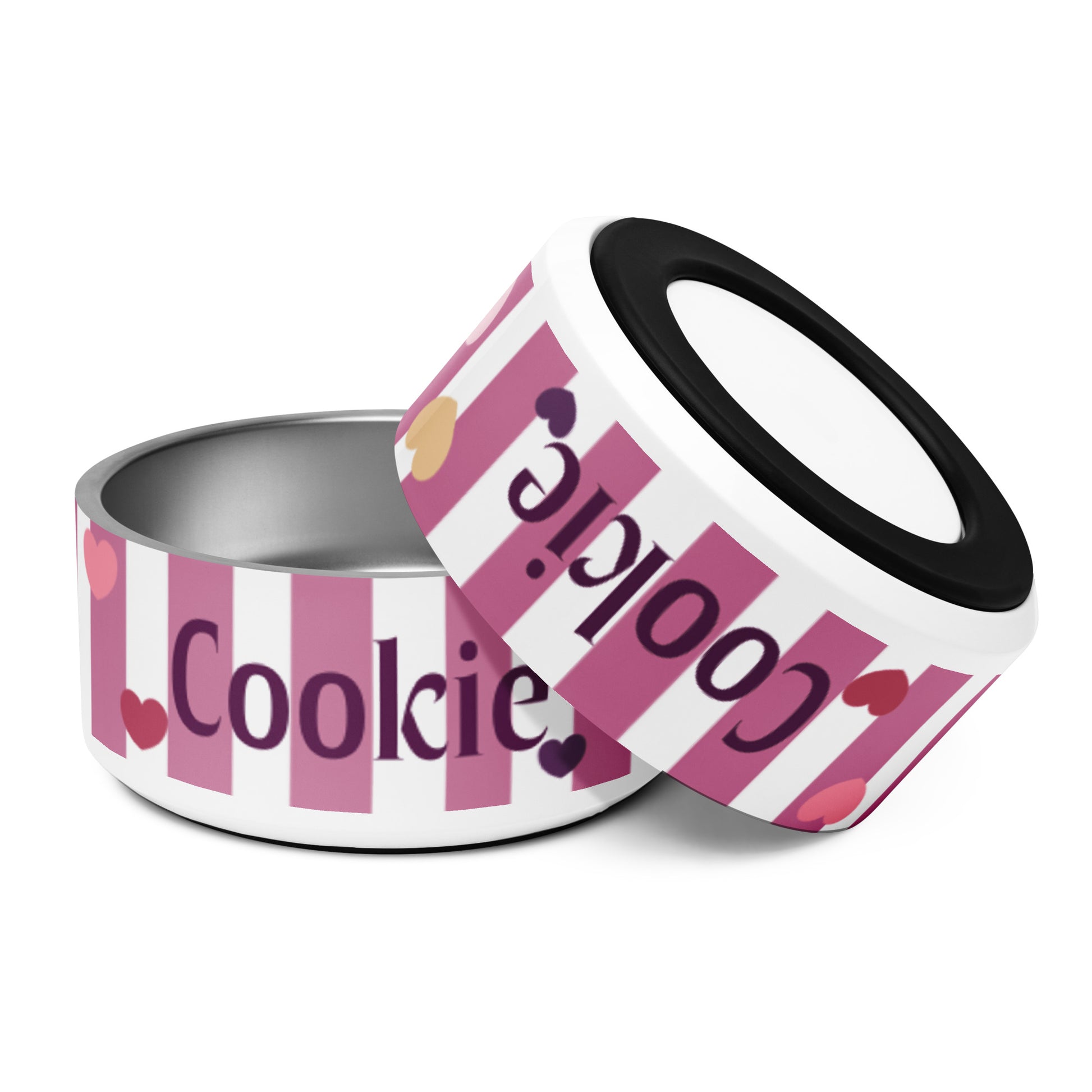 Custom striped hearts dog bowl – stainless steel interior detail