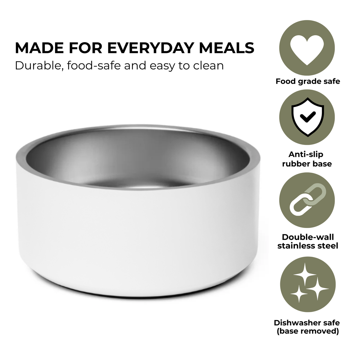 Made for everyday meals: personalized dog bowl that is food grade safe, double-wall stainless steel, with anti-slip rubber base and dishwasher safe with base removed