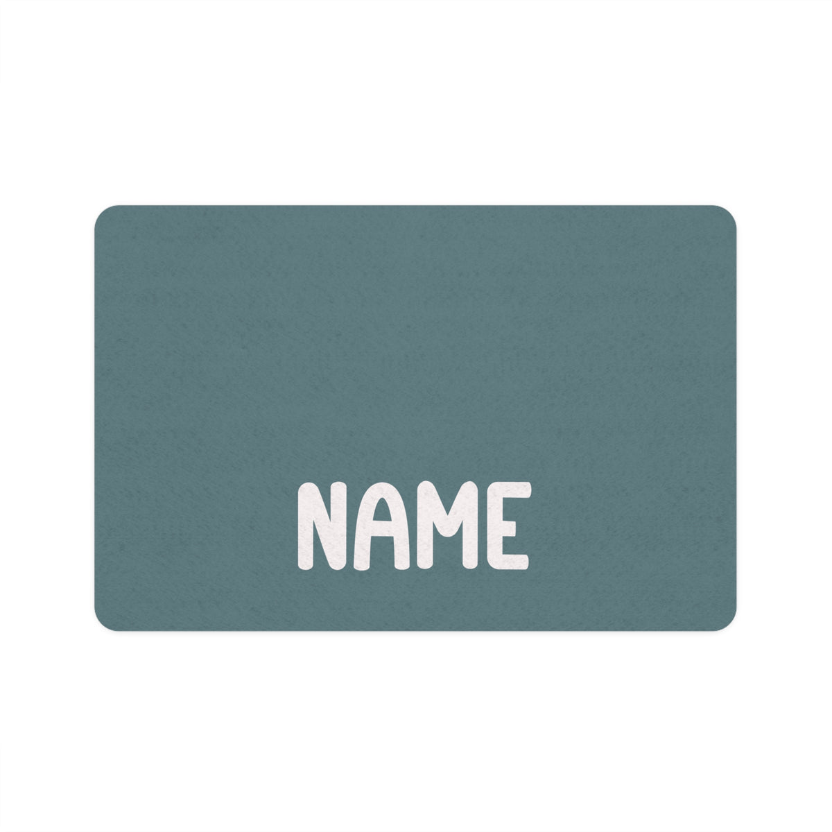 Petrol blue rectangle personalized pet food mat with a name in bold white lettering