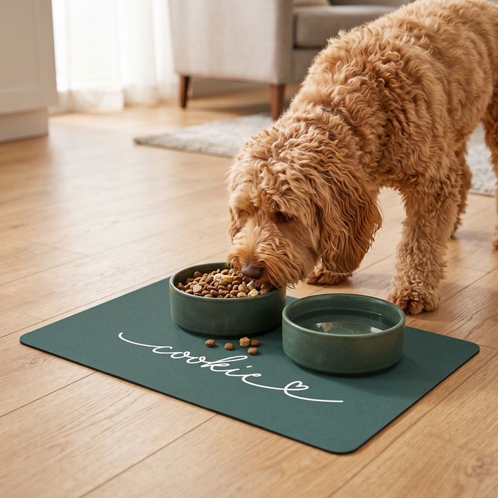 Curly apricot dog eating from a bowl on a pine green personalized pet food mat