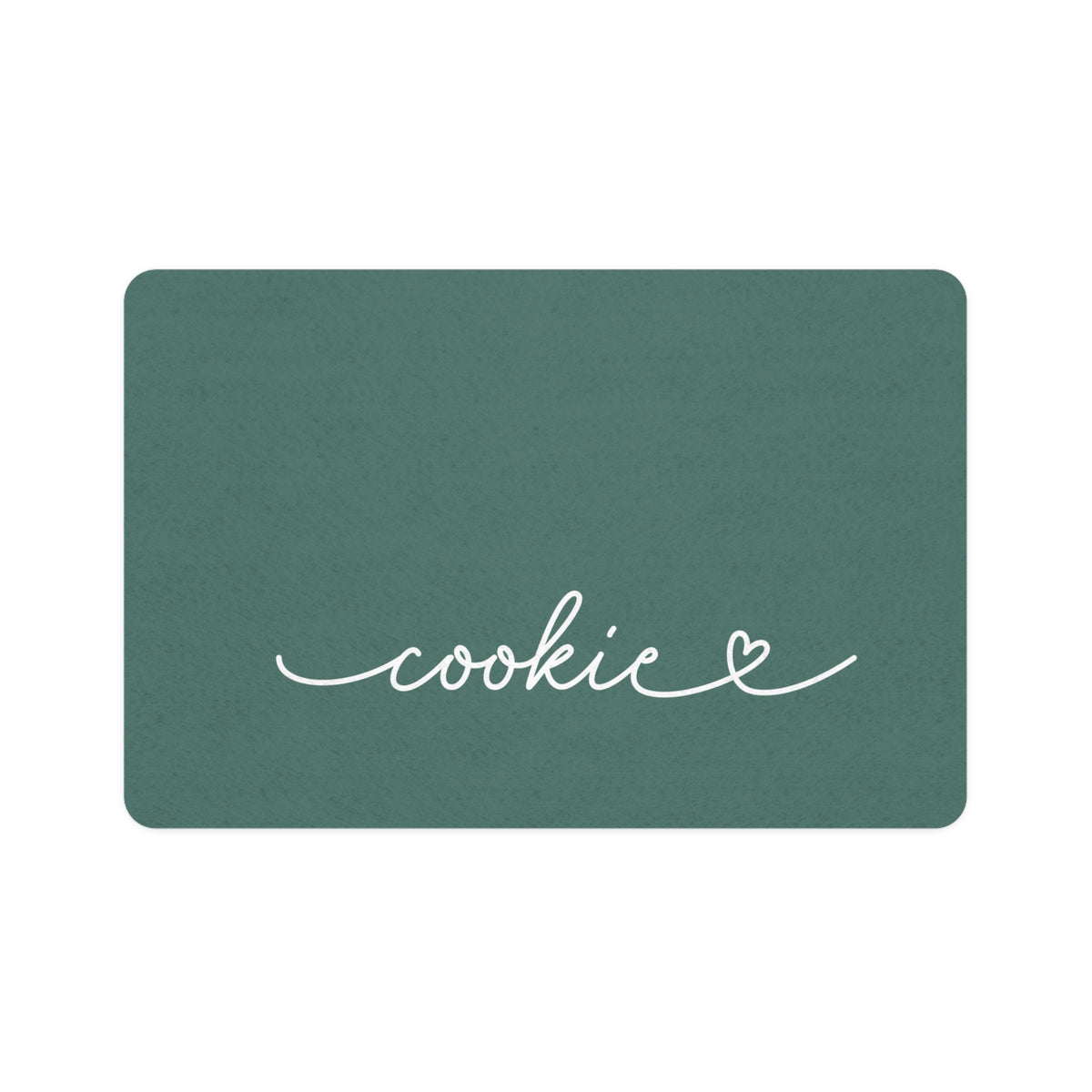 Pine green rectangle personalized pet food mat with the name Cookie in white handwritten script and a small heart