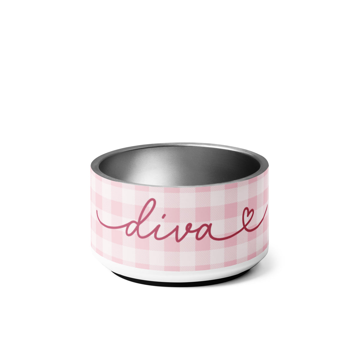 18 oz pink checkered personalized dog bowl with the name Diva in script