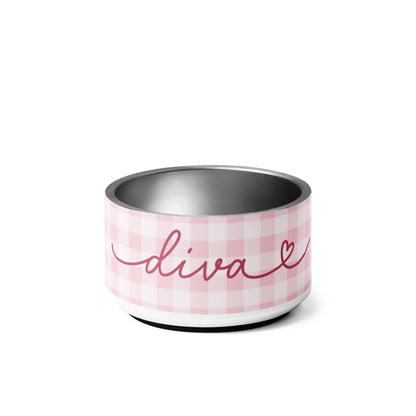 18 oz pink checkered personalized dog bowl with the name Diva in script