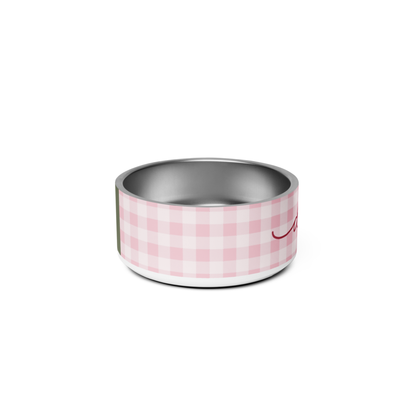 Back of the 32 oz pink checkered personalized dog bowl