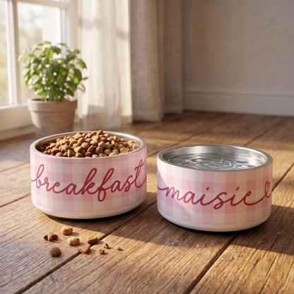 Pink checkered personalized dog bowl in a home setting with a houseplant