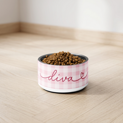 Pink checkered personalized dog bowl with kibble by a window